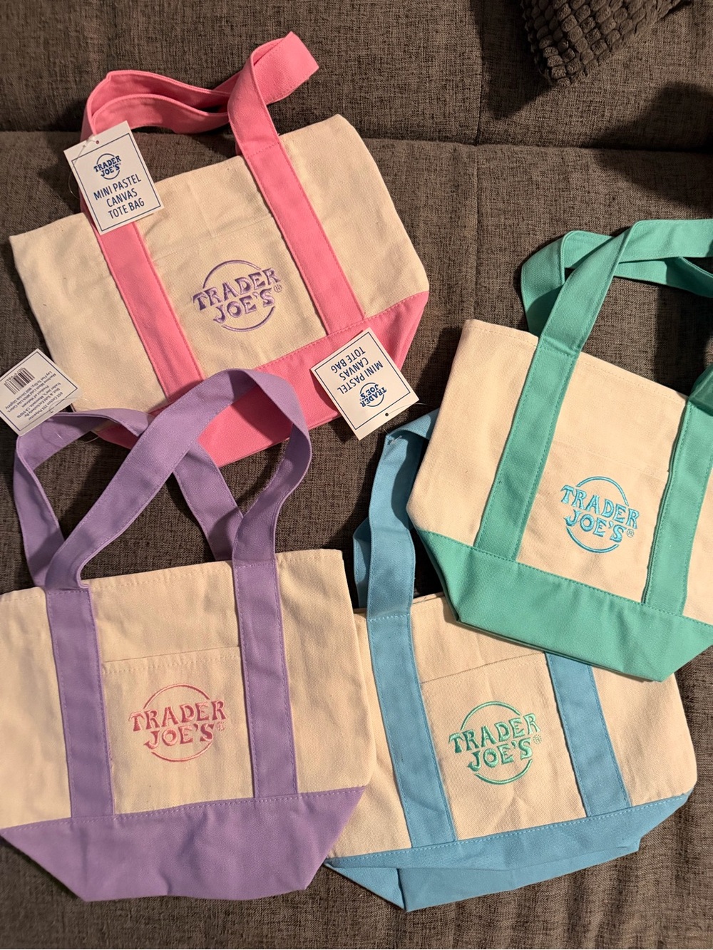 Trader Joe’s Pastel Mini Canvas Tote Set — Pink, Lavender, Mint, Sky Blue